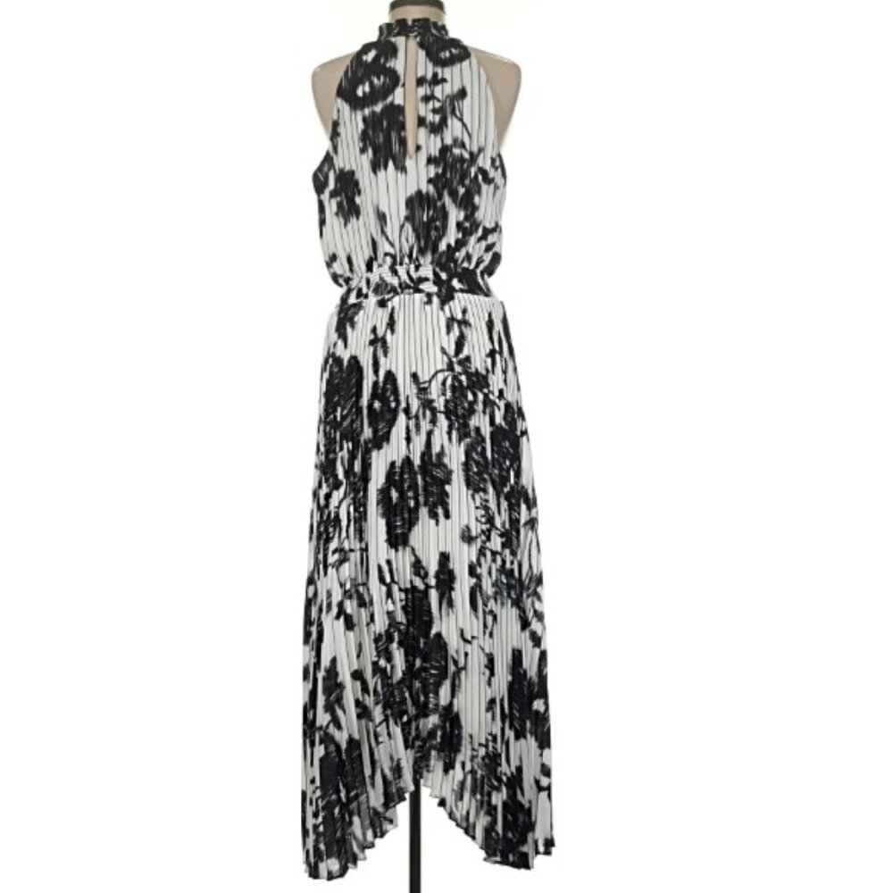 *NWT* WHBM Pansy Sketch Black & Ecru Sleeveless Halter Pleated Midi Dress Sz 4P - Picture 7 of 12